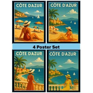 Vintage Côte d’Azur Travel Poster Bundle, French Riviera Wall Art A4, Art Deco, Digital Print, azure coast, Mediterranean art, Coastal decor