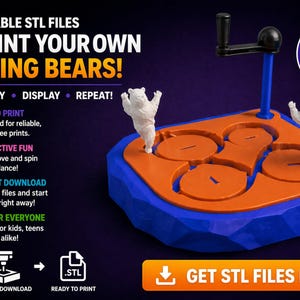 May include: A 3D-printed dancing bear toy with a blue and orange base. The toy features two white bear figurines that spin when the handle is turned. Text on the image reads "3D Print Your Own Dancing Bears!" and "Get STL Files Now!"
