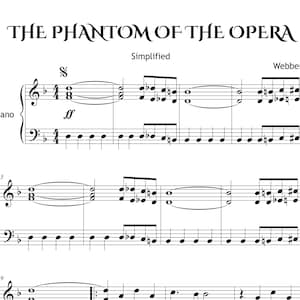Könnte beinhalten: Klaviernoten für "The Phantom of the Opera", vereinfachte Bearbeitung von Webber. Der Titel steht oben. Die Notenschrift enthält Violinschlüssel und Bassschlüssel mit verschiedenen musikalischen Symbolen und Noten.
