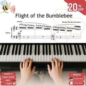 Pode incluir: Partitura de piano para "O Voo do Besouro" de Rimsky-Korsakov. A partitura é exibida acima de um teclado de piano com mãos tocando. Inclui recursos de bônus como notas coloridas e vídeo.