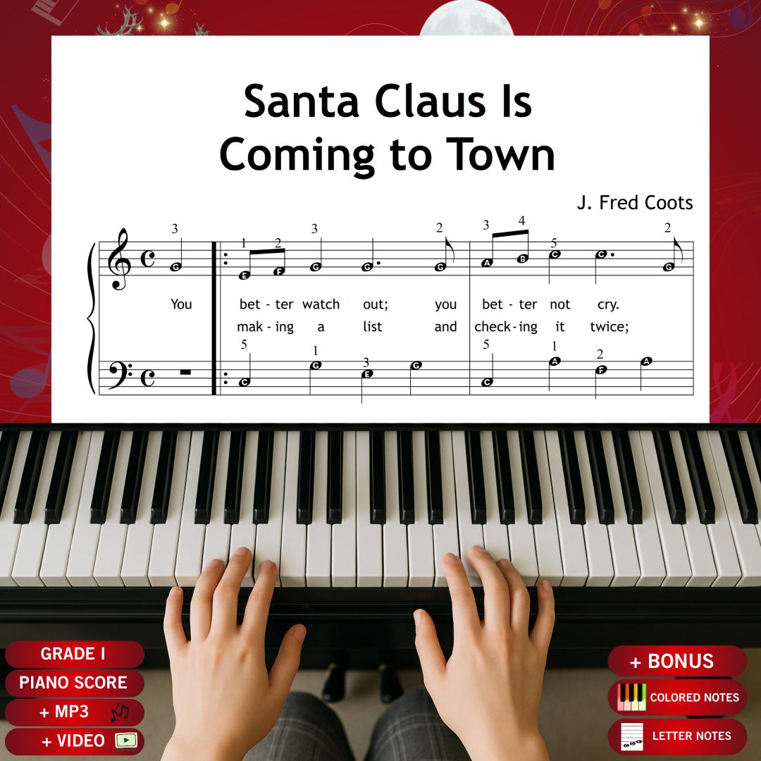 Santa Claus is Coming to Town – Grade 1 Easy Christmas Piano Sheet With ...
