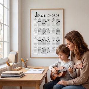 May include: A framed poster titled "UKULELE CHORDS" hangs on the wall. A woman and a child are seated at a wooden table, with the child holding a ukulele. The ukulele is brown with a light-colored sound hole. The poster displays various ukulele chord diagrams.