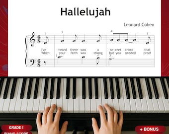 Halleluja von Leonard Cohen - Grade 1 Easy Klavier Noten mit Songtexten und farbigen Noten PDF