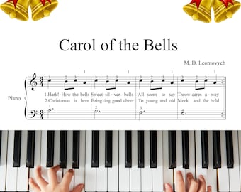 Carol of the Bells - Easy Christmas Piano Sheet Music for Beginners | Grade 1, with Lyrics, Color Notes Instant Digital Download PDF