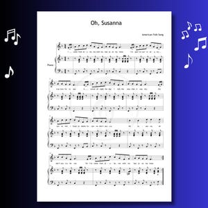 Può includere: Uno spartito musicale per la canzone "Oh, Susanna" con le parole "American Folk Song" stampate in alto. Lo spartito è per pianoforte e include il testo della canzone.