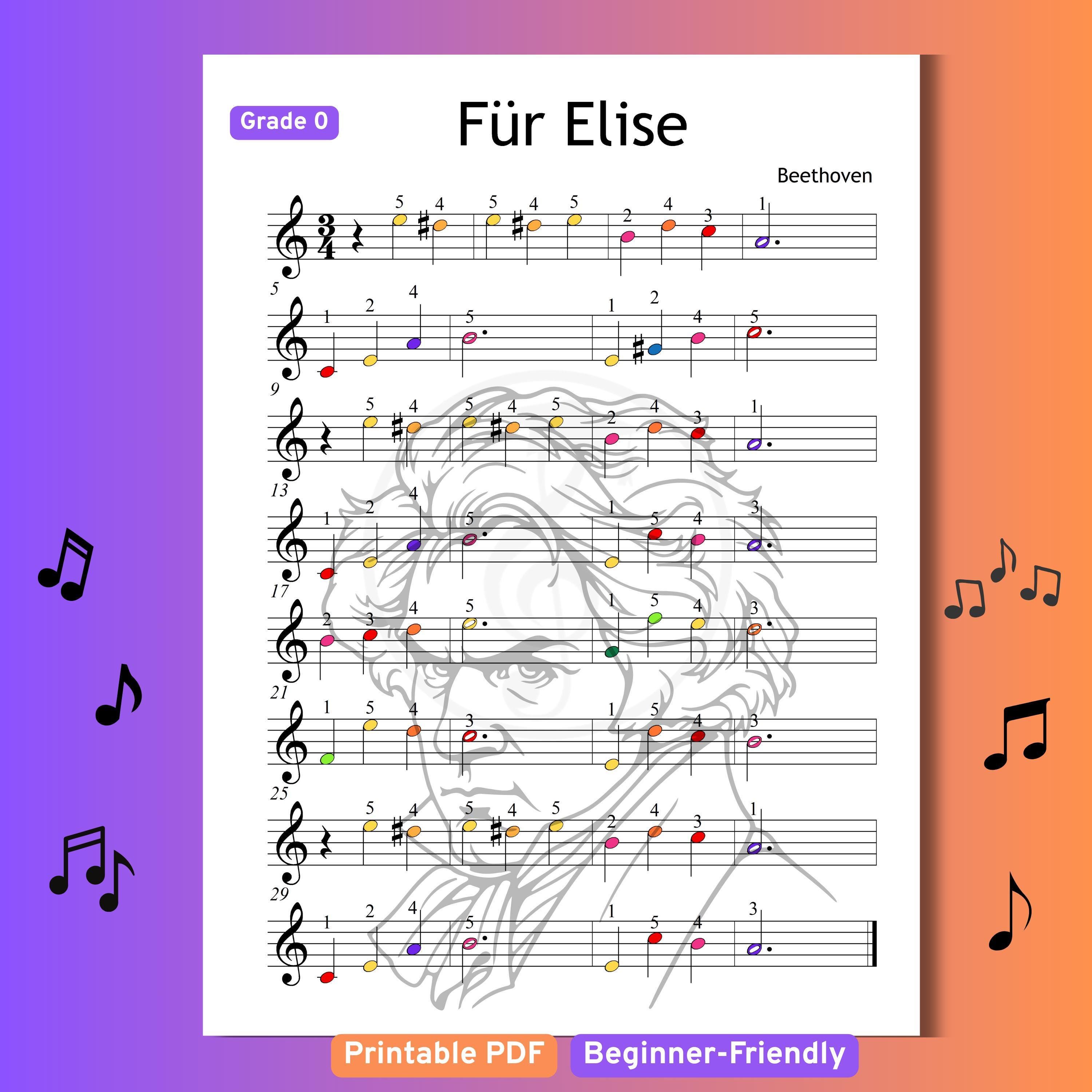 Für Elise Piano Sheet Music for Beginners Grade 0 With Color Notes ...