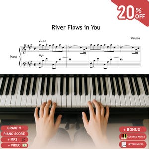 May include: A piano keyboard with black and white keys, with sheet music for "River Flows in You" by Yiruma. The image includes the text "Piano Score", "+ MP3", and "+ Video". A red banner indicates a 20% discount.