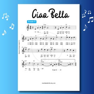 Op de afbeelding: Een bladmuziek afdruk voor het lied "Ciao Bella" uit de Beginner Series Grade 0-3. De bladmuziek is in zwart-wit en bevat muzieknotatie, songteksten en akkoordsymbolen. De titel van het lied is in een groot, cursief lettertype bovenaan de pagina.