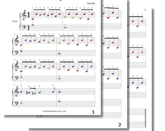 May include: Sheet music for piano featuring colorful notes. The title "Passacaglia" is displayed, along with the composer's name, Handel. The text "muzikakademik.etsy.com" is visible at the bottom of the page.