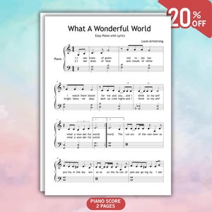 Può includere: Spartito di "What A Wonderful World" di Louis Armstrong, con note e testo per pianoforte. Lo spartito è di due pagine e include notazione musicale, testo e il titolo in alto. Un banner rosso indica uno sconto del 20%.
