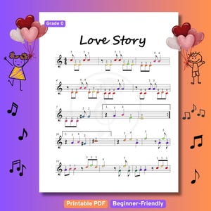 Love Story – Easy Piano Sheet for Beginners | Grade 0 | Color Note + Letters | Romantic Music for Kids, Adults, Digital PDF
