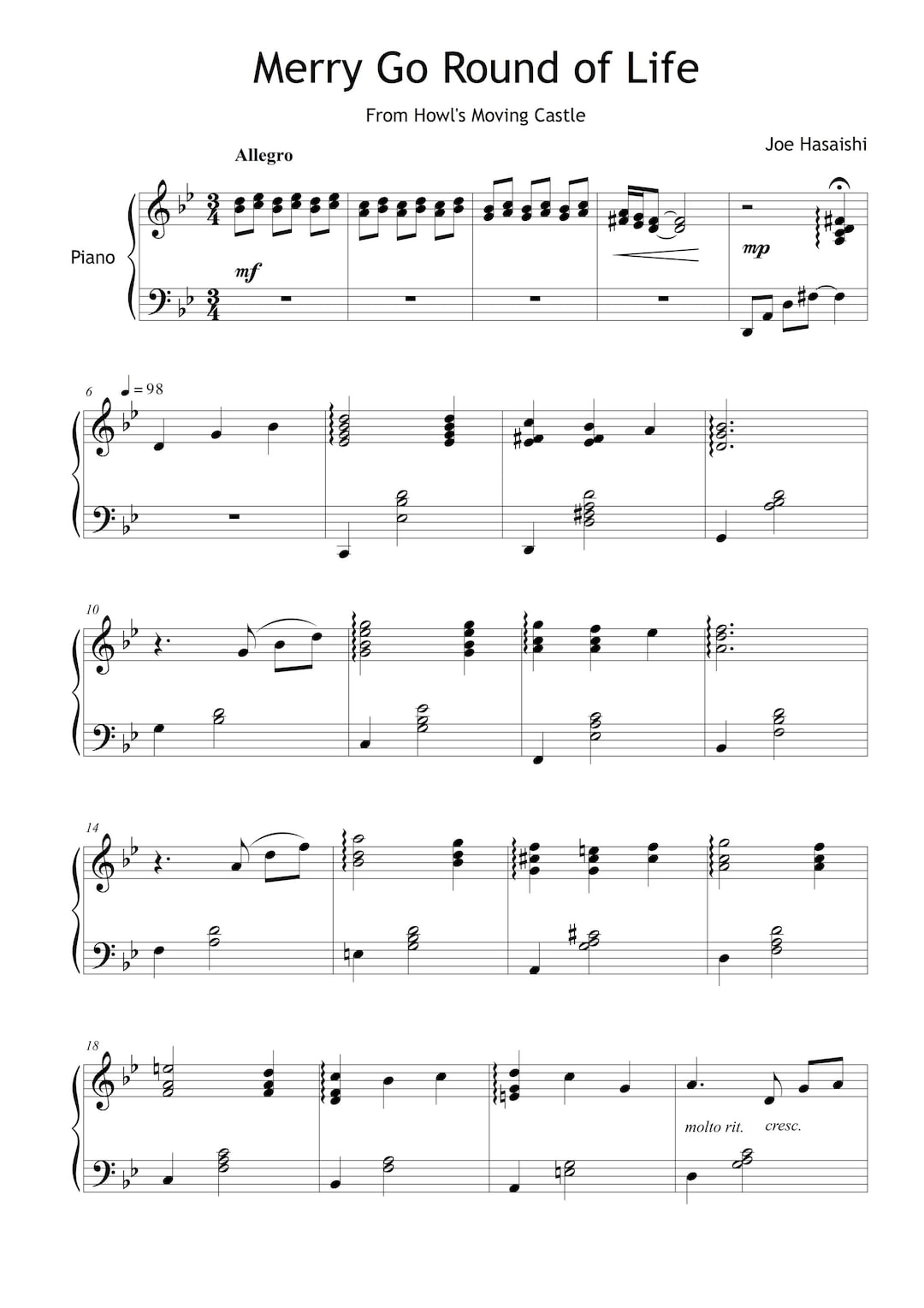 Merry-go-round of Life – Joe Hisaishi | Grade 5 Piano Sheet Music