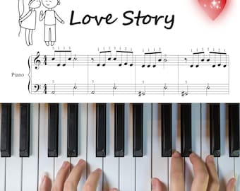 Könnte beinhalten: Eine Klaviertastatur mit Notenblatt darüber. Das Notenblatt trägt den Titel "Love Story" und Noten. Das Notenblatt ist für ein Klavierstück.