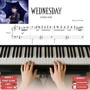 May include: A piano sheet music score for the Wednesday Opening Theme by Danny Elfman, featuring a black and white image of a character with an umbrella, musical notation, and a view of hands playing on a black and white piano keyboard.