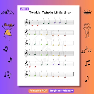 Può includere: Un foglio musicale stampabile per la canzone "Twinkle Twinkle Little Star" per musicisti principianti. La partitura è in chiave di sol e utilizza un semplice sistema di notazione con note colorate. La partitura è etichettata come "Grade 0" e "Beginner-Friendly".
