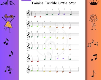 きらきら星 初心者向け簡単ピアノ楽譜 - カラフルな音符と指番号