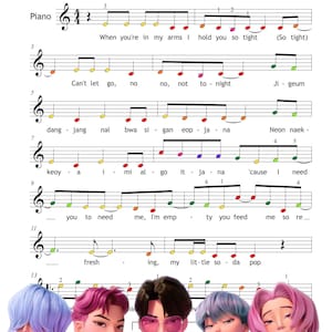 May include: A sheet music page titled Soda Pop for Beginners by K-Pop Demon Hunters featuring piano notation with colored note heads and lyrics. Five animated characters with pink and blue hair are positioned at the bottom of the page.