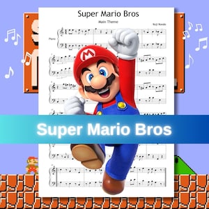 Pode incluir: Partitura da música tema principal de Super Mario Bros, com uma imagem de desenho animado de Mario. O personagem está usando um chapéu vermelho e macacão azul. O título "Super Mario Bros" é exibido em uma faixa azul na parte inferior.
