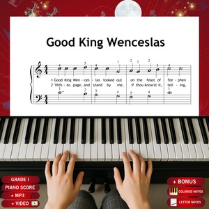 May include: A piano score for "Good King Wenceslas" with musical notes and lyrics. The title is displayed at the top. The piano keys are visible, with hands playing the music. Additional options include piano score, MP3, and video.
