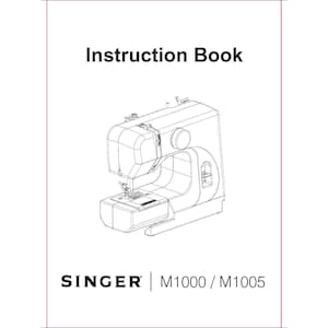 Könnte beinhalten: Ein weißes Anleitungsbuch-Cover mit einer schwarzen Strichzeichnung einer Singer-Nähmaschine. Der Text lautet Instruction Book oben und SINGER | M1000 / M1005 unten, alles umschlossen von einem dünnen, roten, rechteckigen Rahmen.