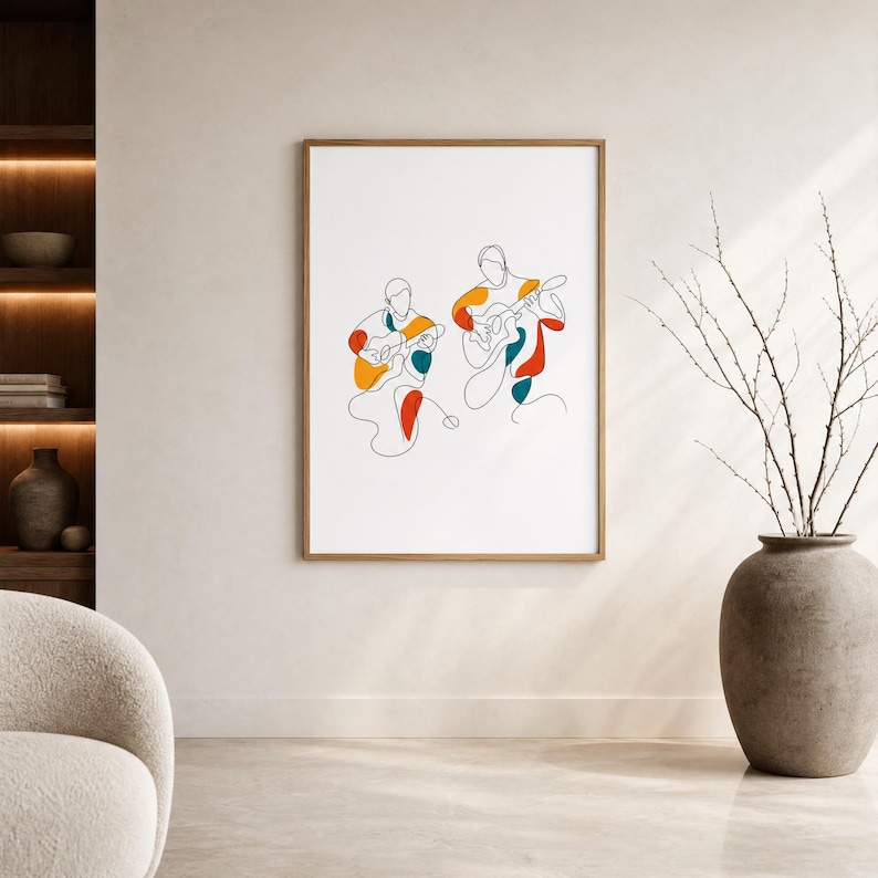 Guitar Duo Wall Art: Acoustic & Electric Guitarists, Modern Minimalist ...