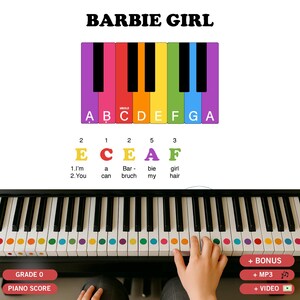 May include: A digital piano learning guide titled BARBIE GIRL featuring a colorful keyboard diagram with labeled keys A through G. Below, musical notes E, C, E, A, F are paired with lyrics and finger numbers. A piano with colored key stickers is shown.