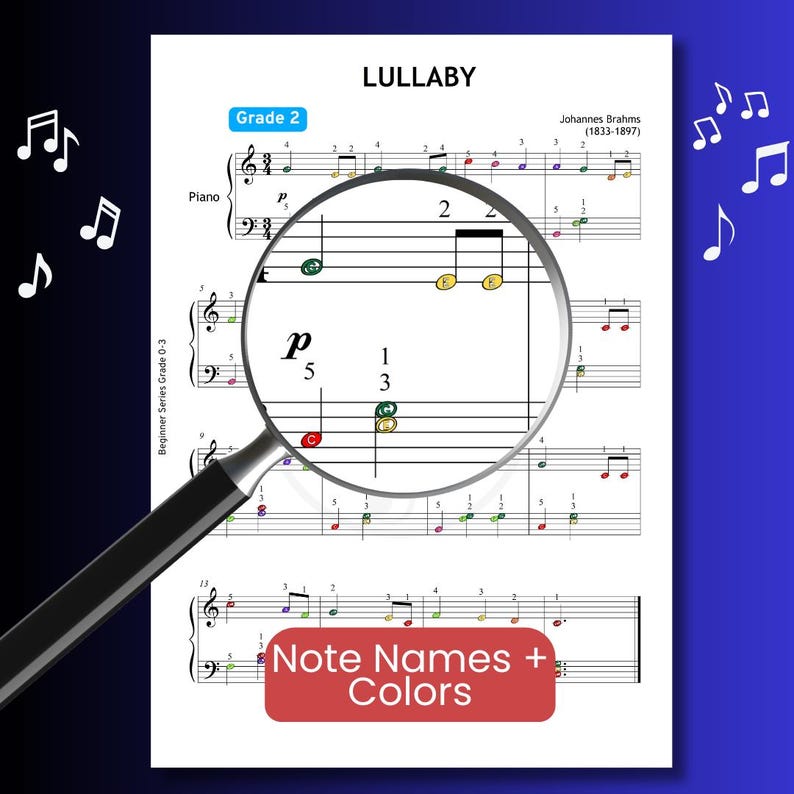 Brahms Lullaby - Grade 2 Easy Piano Sheet With Finger Numbers, Note ...