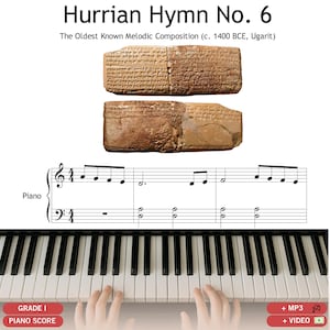 Può includere: Immagine di una tastiera di pianoforte con spartito e antiche tavolette. Il testo recita "Hurrian Hymn No. 6" e "The Oldest Known Melodic Composition (c. 1400 BCE, Ugarit)." I tasti del pianoforte sono bianchi e neri, e lo spartito è per pianoforte.