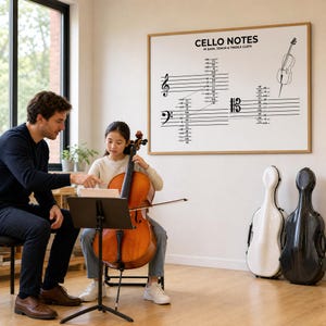 May include: A framed wall poster titled CELLO NOTES IN BASS, TENOR & TREBLE CLEFS featuring black musical staff lines, clef symbols, and note names on a white background, displayed in a room with a wooden cello and two hard-shell cello cases.