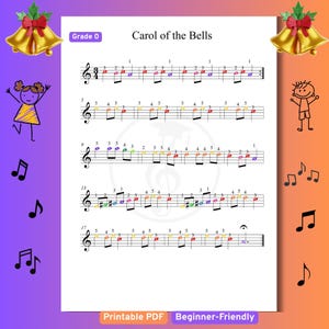Könnte beinhalten: Ein druckbares Notenblatt für das Lied "Carol of the Bells" für Anfänger. Die Noten sind in C-Dur geschrieben und verwenden nur die Noten C, D, E, F, G, A und H. Die Noten sind in einem einfachen, leicht lesbaren Format geschrieben.