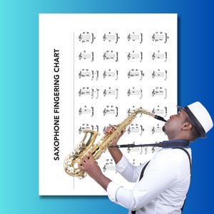 May include: A gold-colored saxophone is held by a person in a white shirt and a hat, playing in front of a white chart with musical notes and the text "SAXOPHONE FINGERING CHART". The background is a gradient of blue.