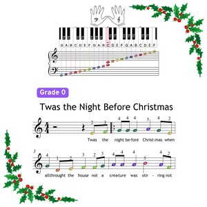 May include: A sheet music page with a musical score for the song "Twas the Night Before Christmas". The music is written in the key of C major and is in 4/4 time. The sheet music is decorated with a holly border.