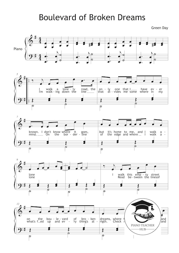 Boulevard of Broken Dreams Green Day | Grade 4 Piano Sheet Music