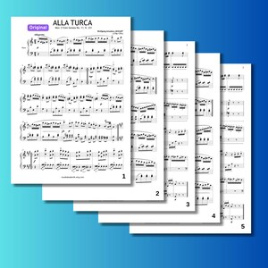 May include: A set of five white sheets of printed musical notation for Alla Turca, Mov. 3 from Sonata No. 11, K. 331 by Wolfgang Amadeus Mozart. Each page features black musical staves, notes, and symbols, with page numbers 1 through 5.