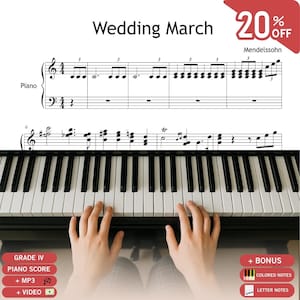 Peut inclure: Partition de piano pour "Wedding March" de Mendelssohn. La partition est affichée au-dessus du clavier, avec le mot "Piano" à gauche. L'image comprend une promotion de 20 % de réduction.
