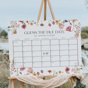 Devinez la date d'échéance | Signe de calendrier de date d'échéance de baby shower | Enseigne florale de baby shower | signe #viona de baby shower de fleurs sauvages