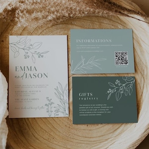 Saliegroene trouwkaartset | Botanische uitnodigingssuite met details en registratiekaarten met QR-code | Uitnodigingssjabloon #sagefloral