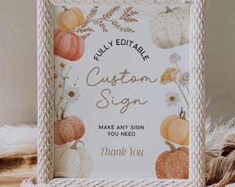 Panneau personnalisé citrouille d'automne | Modèle de panneau pour baby shower d'automne | Panneau imprimable bohème floral unisexe | Panneau pour baby shower citrouille #pmw025