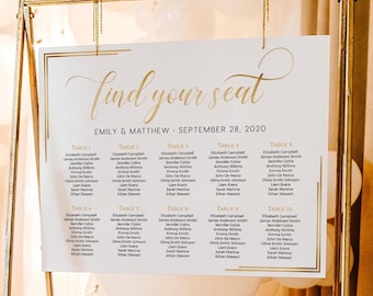 May include: A white seating chart with gold lettering on a gold easel. The chart is titled "find your seat" and lists the names of guests for each table number. The date of the event is September 28, 2020.