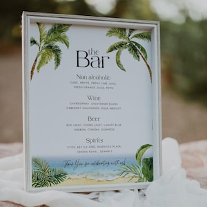 Tropische Hochzeit Bar Menü Schild Vorlage | Aquarell Palmen | Bar Menü Vorlage | Getränkekarte Vorlage #aloha