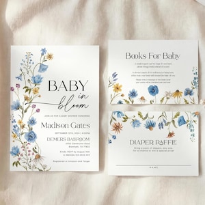 Blue Wildflower Baby Shower Invitation Set: Baby in Bloom Invite, Editable Templates Bundle #bl026 image 1