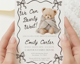 Plantilla de invitación para baby shower con diseño de osito de peluche, ¡Apenas podemos esperar! #wtb26