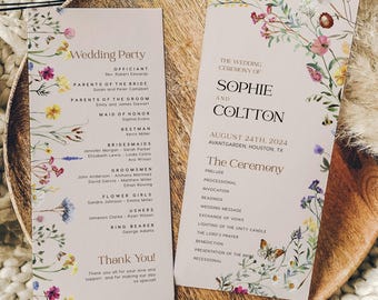 May include: Wedding ceremony programme with floral illustrations. The programme lists the officiant, wedding party, and order of events for the ceremony. The text includes the names Sophie and Coltton, and the date August 24th, 2024.