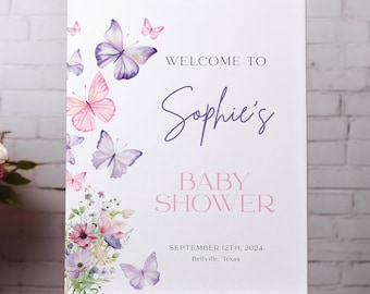 Letrero de bienvenida para baby shower con mariposas: Plantilla editable (18x24, 20x30, 24x36 pulgadas) #morpho