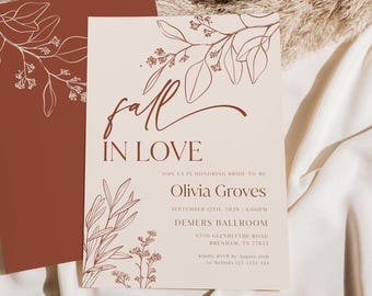Fall in Love Bridal Shower Invitation: Beige and Terracotta Floral Line Art Template  #herbal