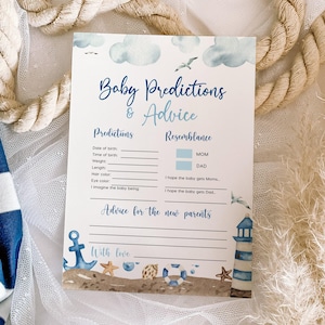 Jeu de pronostics pour bébé | Prédictions de bébé et cartes de conseils | Jeux nautiques pour baby shower | Modèle de jeu modifiable #nautical