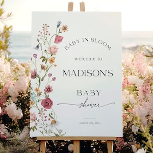 Baby in Bloom Zeichen | Babyparty Willkommensschild | Baby Shower Zeichen Blumen | Edierbares Willkommensschild Vorlage #viona