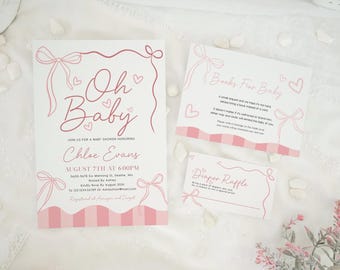 Set di inviti per baby shower con fiocco rosa: biglietti stampabili e modificabili #bow02