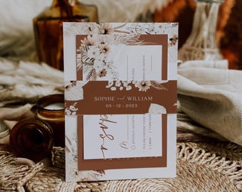 Boho-Hochzeits-Bauchbinde-Vorlage: Bearbeitbare Einladungskarte mit Terrakotta-Blumenmuster #ellery