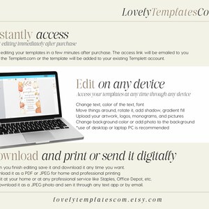 May include: A laptop displays a template with a fall theme, featuring pumpkins and floral elements. The image includes text about accessing, editing, and downloading templates. The website address LovelyTemplatesCom is visible.